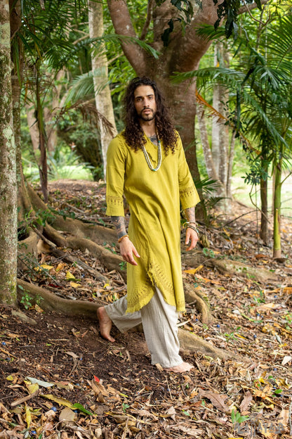 YOSEPH Vestido arameo verde Kurta Top largo Camisa de vestir para hombre Bíblico Algodón natural Tejido a mano Bloque Estampado Natural Planta Tinte Ceremonia AJJAYA