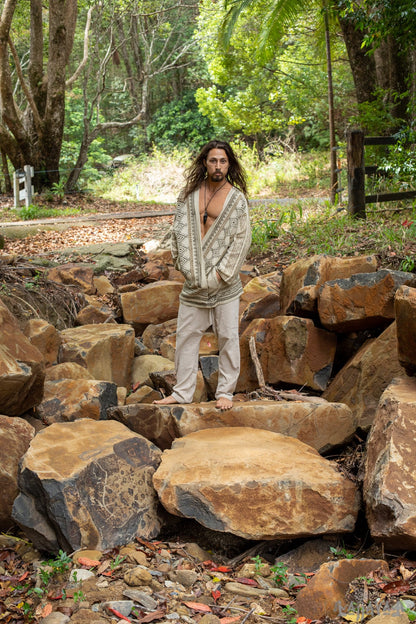 KHALベージュメンズオープンコットンシャツトップ手織りナチュラルエコ染めブロックプリントボタンレスジプシー部族プリミティブフェスティバルマッスルベストAJJAYA