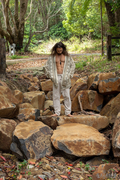 KHALベージュメンズオープンコットンシャツトップ手織りナチュラルエコ染めブロックプリントボタンレスジプシー部族プリミティブフェスティバルマッスルベストAJJAYA