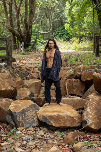 KHALベージュメンズオープンコットンシャツトップ手織りナチュラルエコ染めブロックプリントボタンレスジプシー部族プリミティブフェスティバルマッスルベストAJJAYA