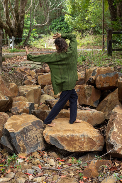 KHALベージュメンズオープンコットンシャツトップ手織りナチュラルエコ染めブロックプリントボタンレスジプシー部族プリミティブフェスティバルマッスルベストAJJAYA