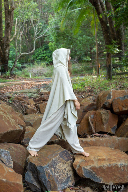 ANAGAMI Beige Crema Con Capucha Kimono Cabo Poncho Túnica Bloque Impreso Teñido Natural Ceremonia Ritual Chamán Tribal Alquimia Chal Sagrado Envoltura AJJAYA