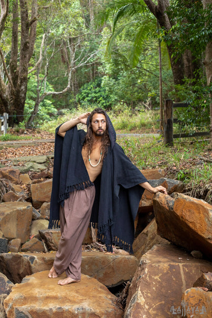 ANAGAMI Beige Crema Con Capucha Kimono Cabo Poncho Túnica Bloque Impreso Teñido Natural Ceremonia Ritual Chamán Tribal Alquimia Chal Sagrado Envoltura AJJAYA