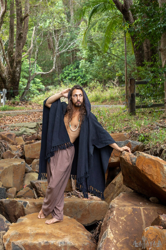 ANAGAMI Hooded Kimono Cape Poncho Robe Block Printed Natural Dyed Ceremony Ritual Shaman Tribal Alchemy Sacred Shawl Wrap