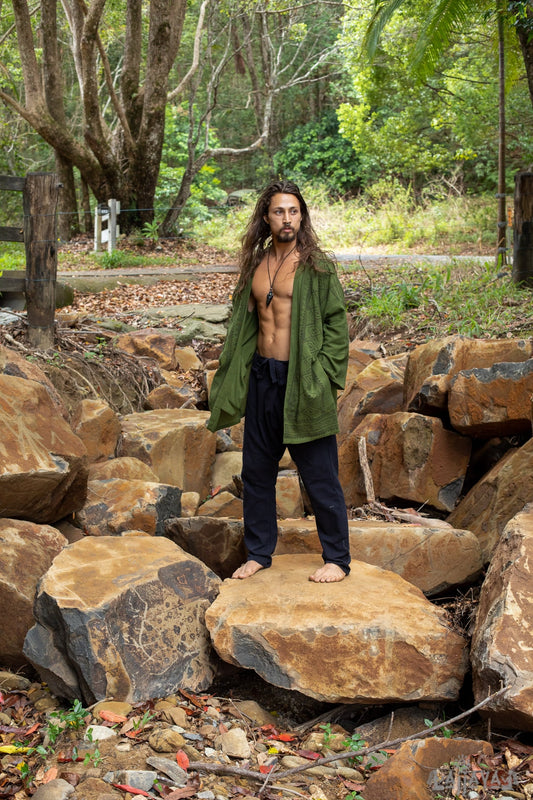 KHAL Mens Open Cotton Shirt Top Handwoven Natural Eco Dyed Block Printed Buttonless Gypsy Tribal Primitive Festival Vest