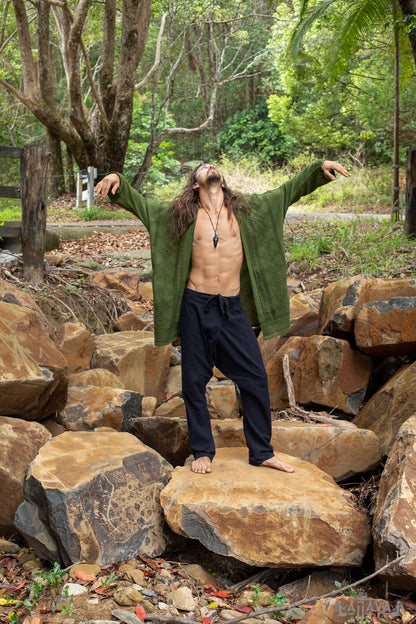 KHALベージュメンズオープンコットンシャツトップ手織りナチュラルエコ染めブロックプリントボタンレスジプシー部族プリミティブフェスティバルマッスルベストAJJAYA