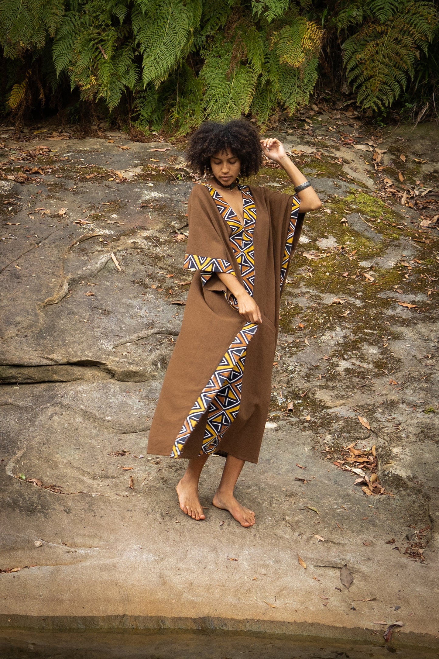 KAFATU Womens Kaftan Dress Maxi African Tribal Patterns Handmade Robe Natural Cotton with Pockets Ritual Festival Boho AJJAYA