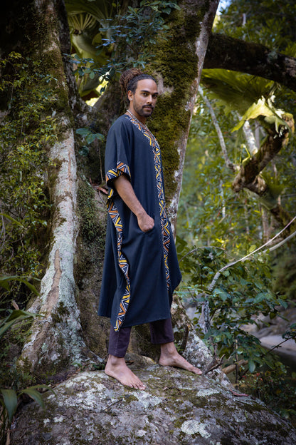 KAFATU Mens Brown Kaftan Kurta Top African Tribal Patterns Handmade Robe Natural Cotton with Pockets Ceremony Ritual Festival Boho AJJAYA