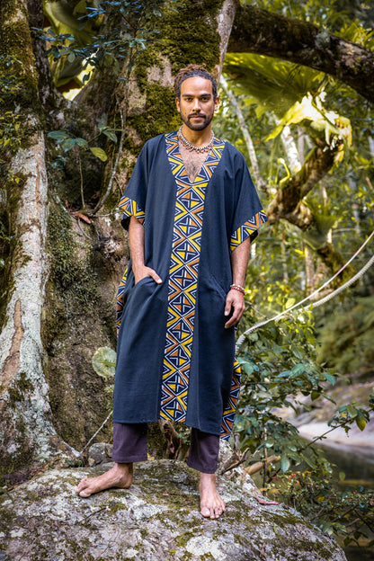 KAFATU Mens Brown Kaftan Kurta Top African Tribal Patterns Handmade Robe Natural Cotton with Pockets Ceremony Ritual Festival Boho AJJAYA