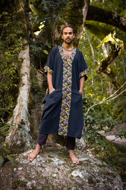 KAFATU Mens Brown Kaftan Kurta Top African Tribal Patterns Handmade Robe Natural Cotton with Pockets Ceremony Ritual Festival Boho AJJAYA
