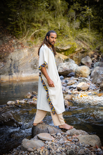 KAFATU Mens Brown Kaftan Kurta Top African Tribal Patterns Handmade Robe Natural Cotton with Pockets Ceremony Ritual Festival Boho AJJAYA