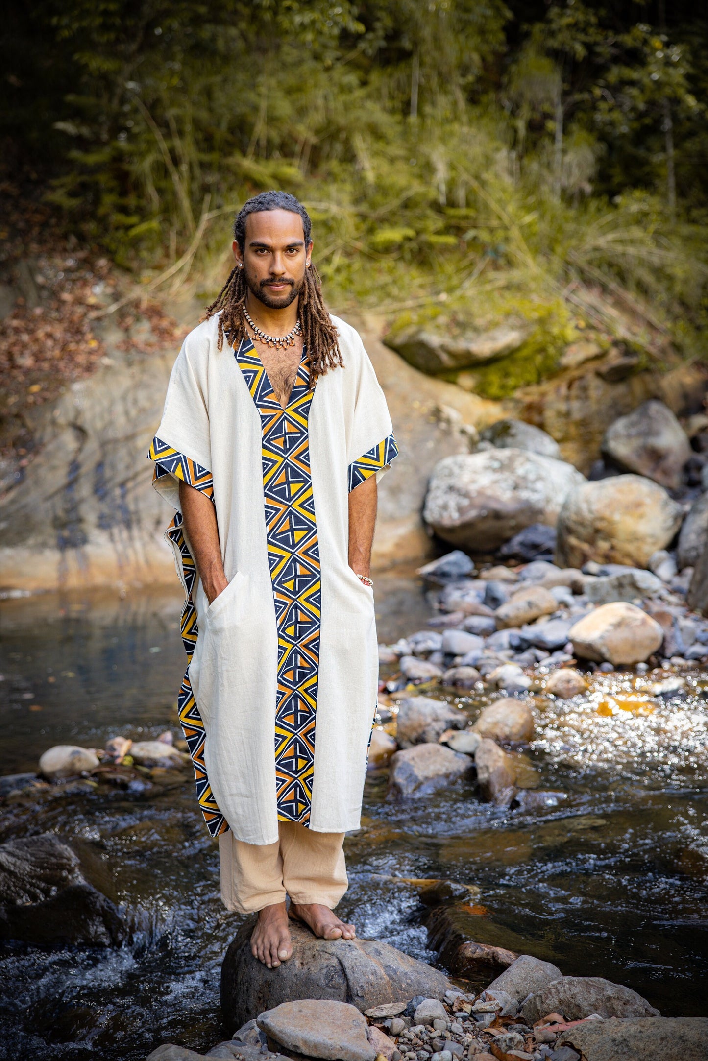 KAFATU 男士棕色 Kaftan Kurta 顶级非洲部落图案手工长袍天然棉质带口袋仪式仪式节 Boho AJJAYA