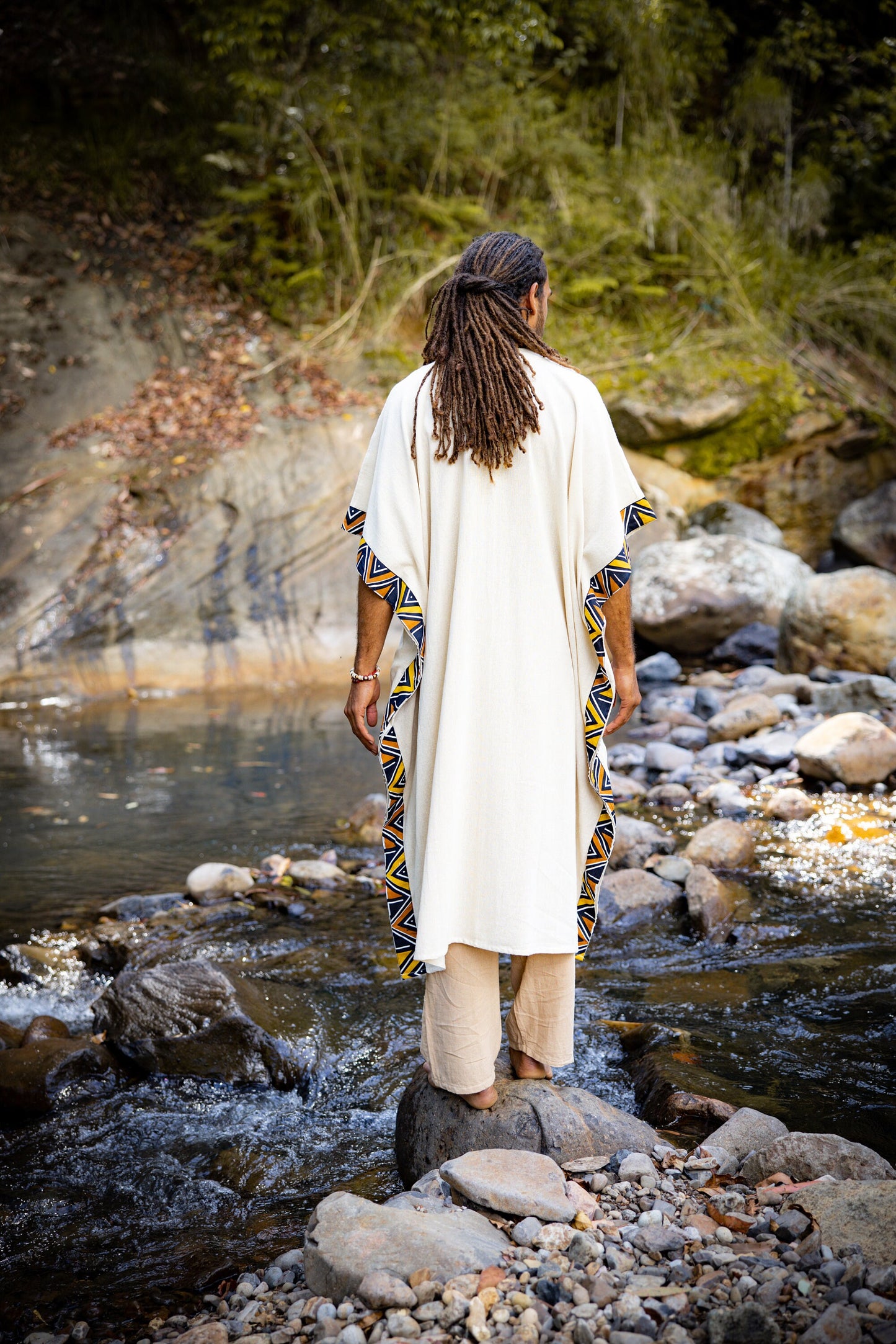 KAFATU 男士棕色 Kaftan Kurta 顶级非洲部落图案手工长袍天然棉质带口袋仪式仪式节 Boho AJJAYA