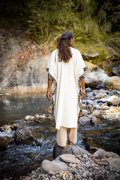 KAFATU Mens Brown Kaftan Kurta Top African Tribal Patterns Handmade Robe Natural Cotton with Pockets Ceremony Ritual Festival Boho AJJAYA