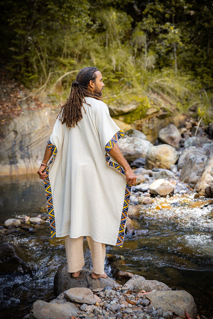 KAFATU Mens Brown Kaftan Kurta Top African Tribal Patterns Handmade Robe Natural Cotton with Pockets Ceremony Ritual Festival Boho AJJAYA