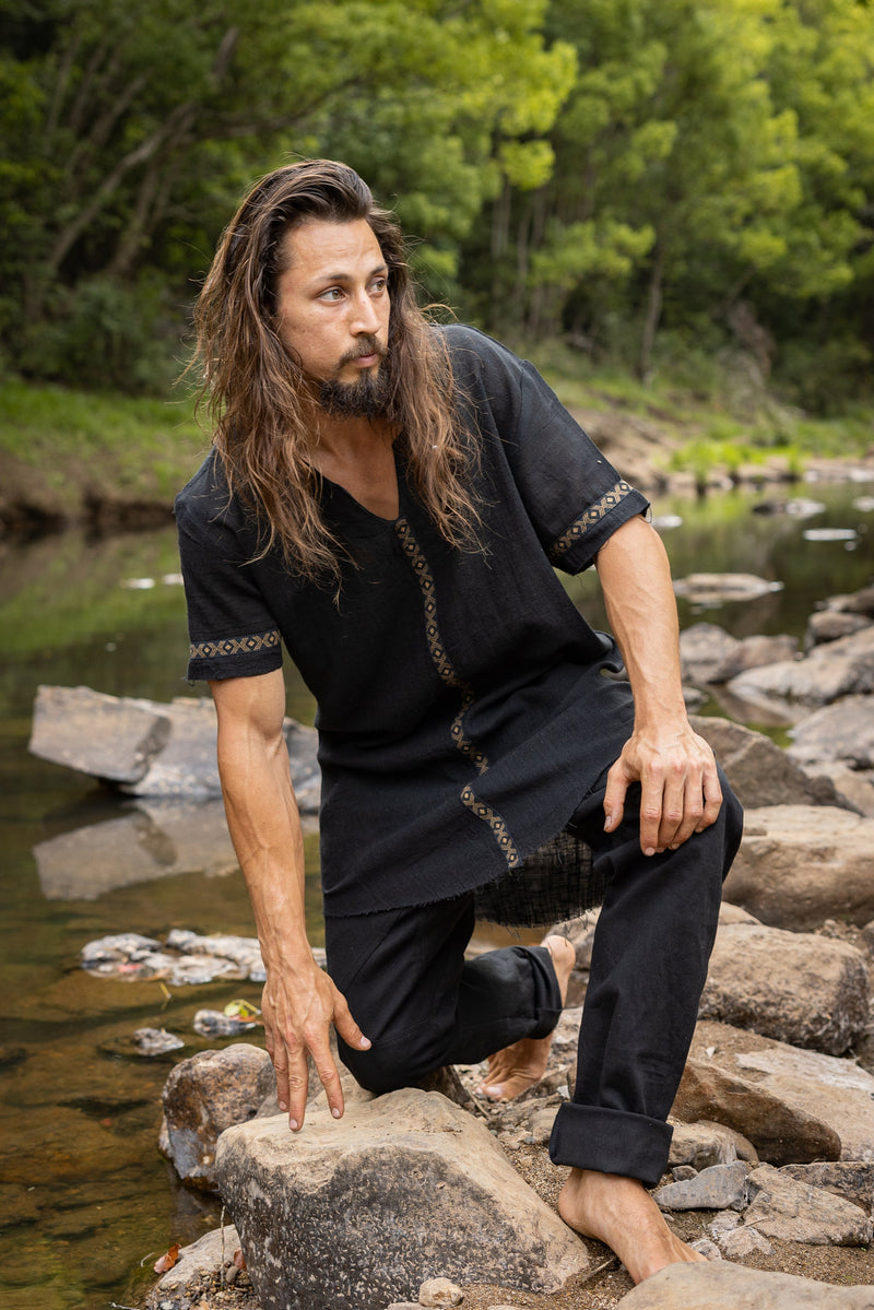 IKRAN Mens Black Cotton T Shirt Top Stone Washed Naturally Dyed Tribal Pattern Open V Neck Breathable Festival Ceremony Ritual Shaman AJJAYA