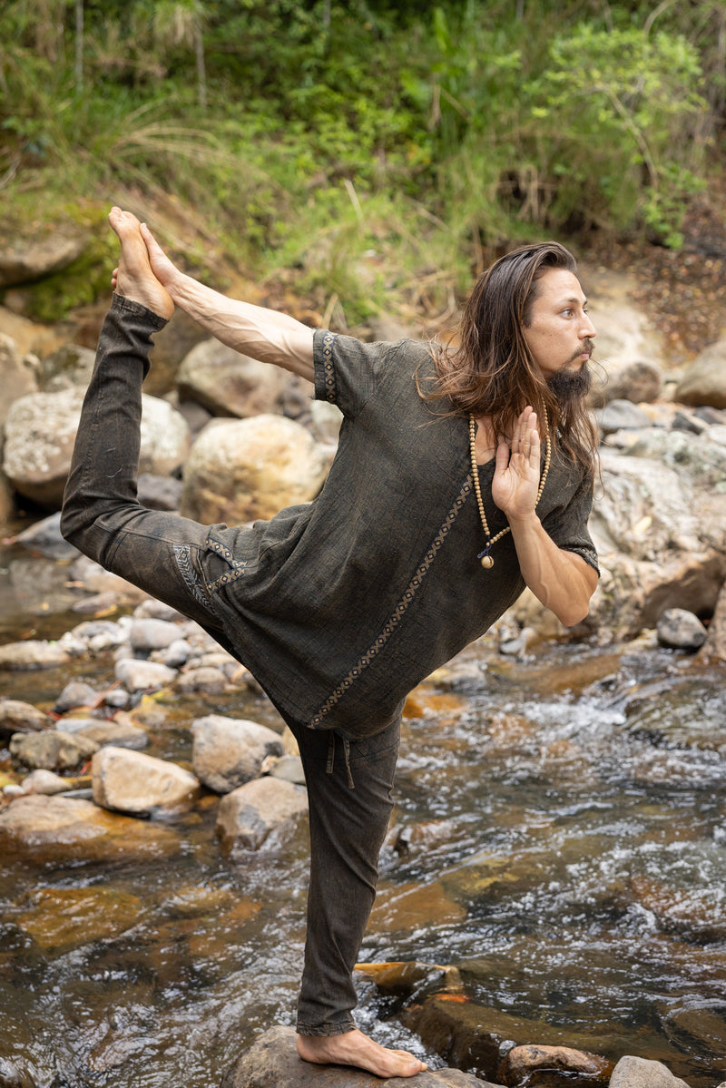 IKRAN Beige Mens Cotton T Shirt Top Stone Washed Naturally Dyed Tribal Pattern Open V Neck Breathable Festival Ceremony Ritual Shaman AJJAYA