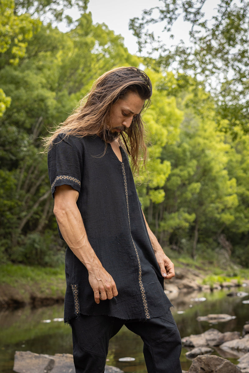IKRAN Mens Black Cotton T Shirt Top Stone Washed Naturally Dyed Tribal Pattern Open V Neck Breathable Festival Ceremony Ritual Shaman AJJAYA
