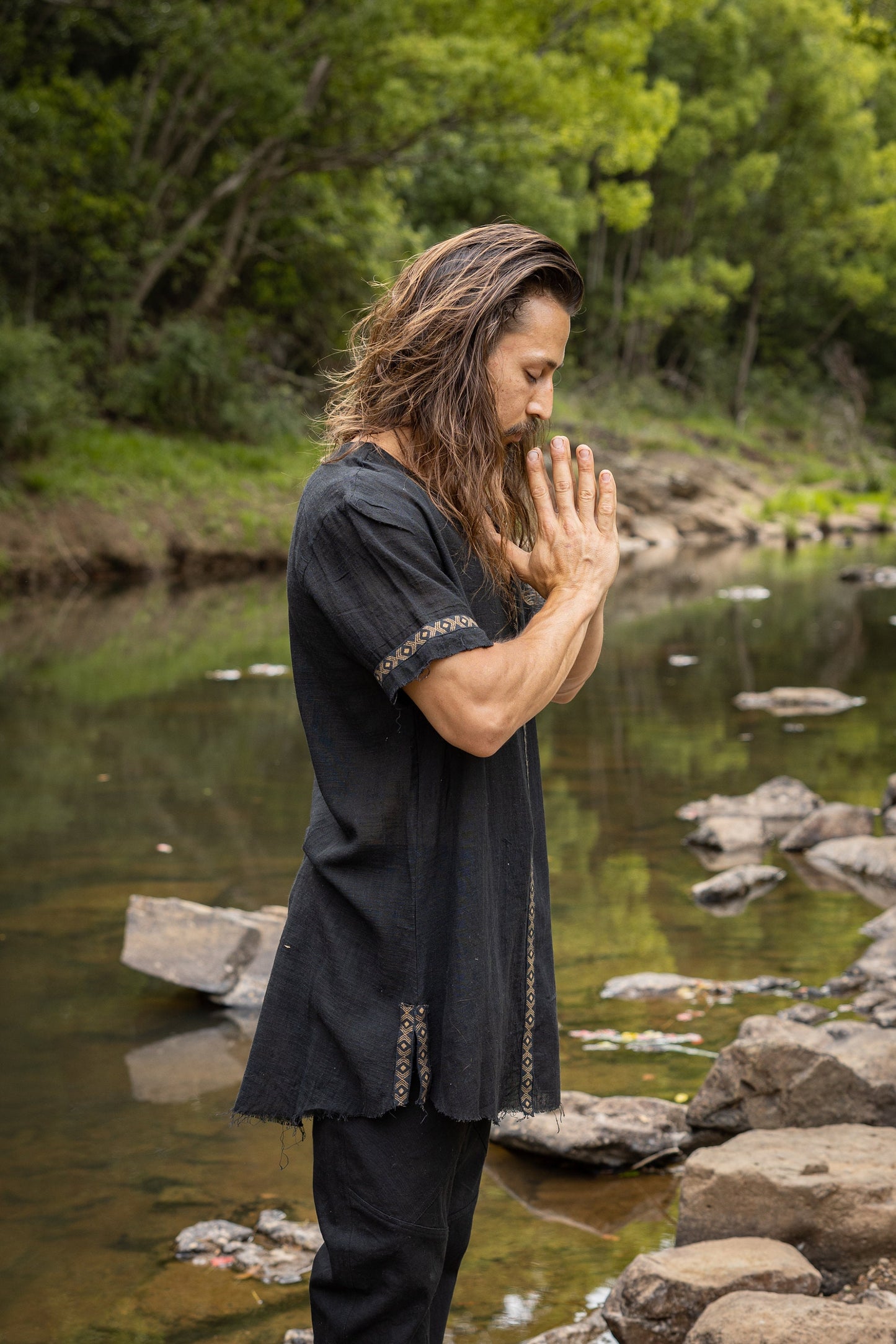 IKRAN Mens Black Cotton T Shirt Top Stone Washed Naturally Dyed Tribal Pattern Open V Neck Breathable Festival Ceremony Ritual Shaman AJJAYA