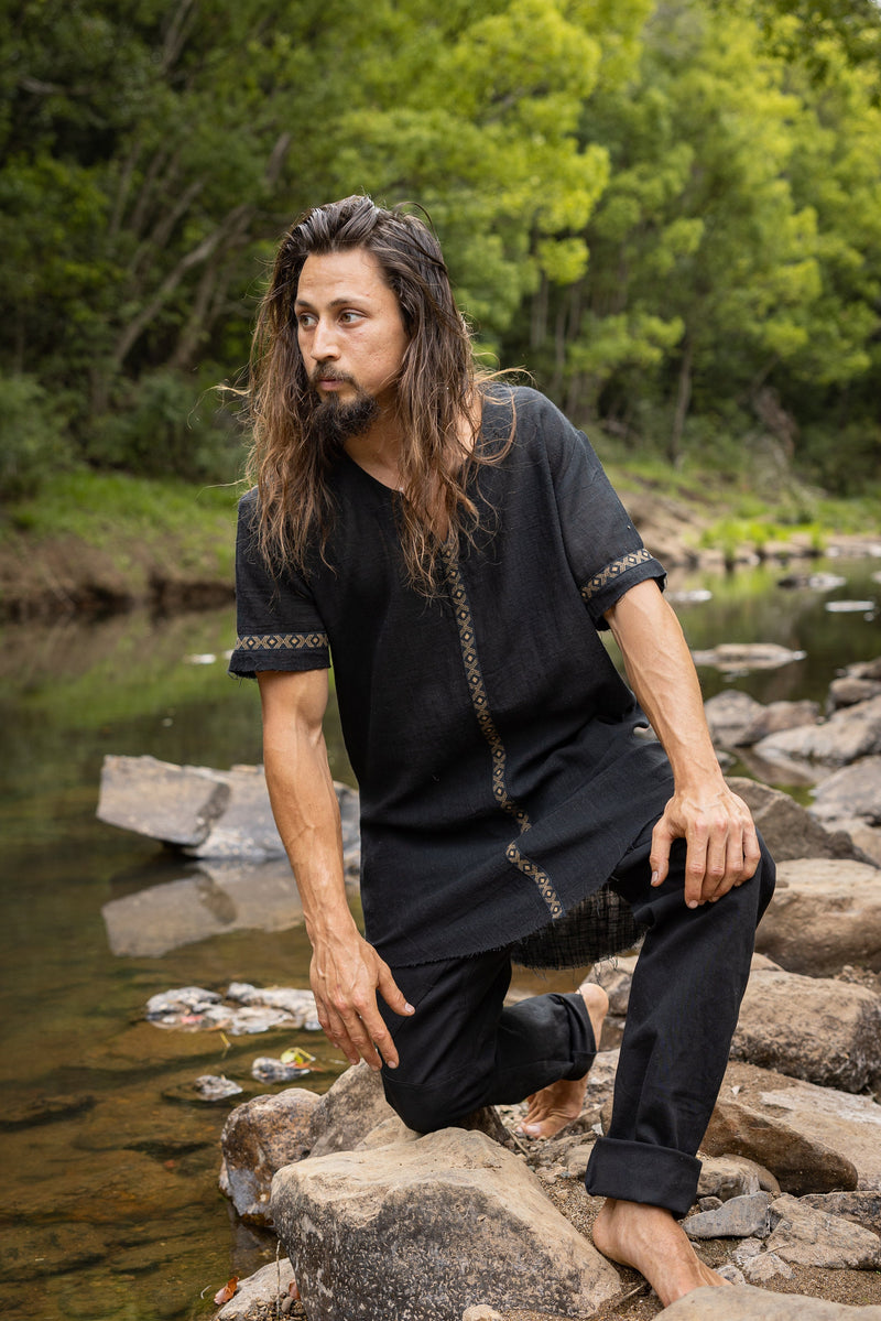 IKRAN Mens Black Cotton T Shirt Top Stone Washed Naturally Dyed Tribal Pattern Open V Neck Breathable Festival Ceremony Ritual Shaman AJJAYA