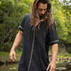 IKRAN Mens Black Cotton T Shirt Top Stone Washed Naturally Dyed Tribal Pattern Open V Neck Breathable Festival Ceremony Ritual Shaman AJJAYA