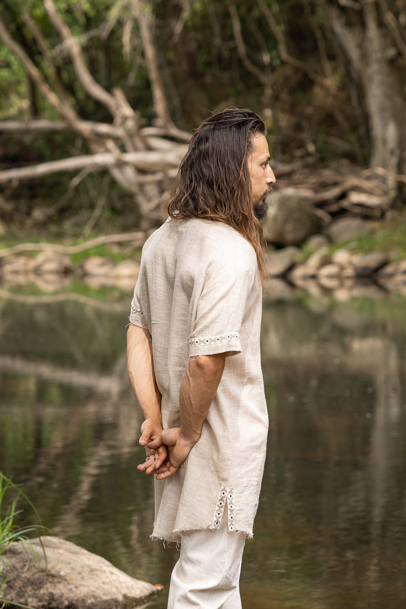 IKRAN Beige Mens Cotton T Shirt Top Stone Washed Naturally Dyed Tribal Pattern Open V Neck Breathable Festival Ceremony Ritual Shaman AJJAYA