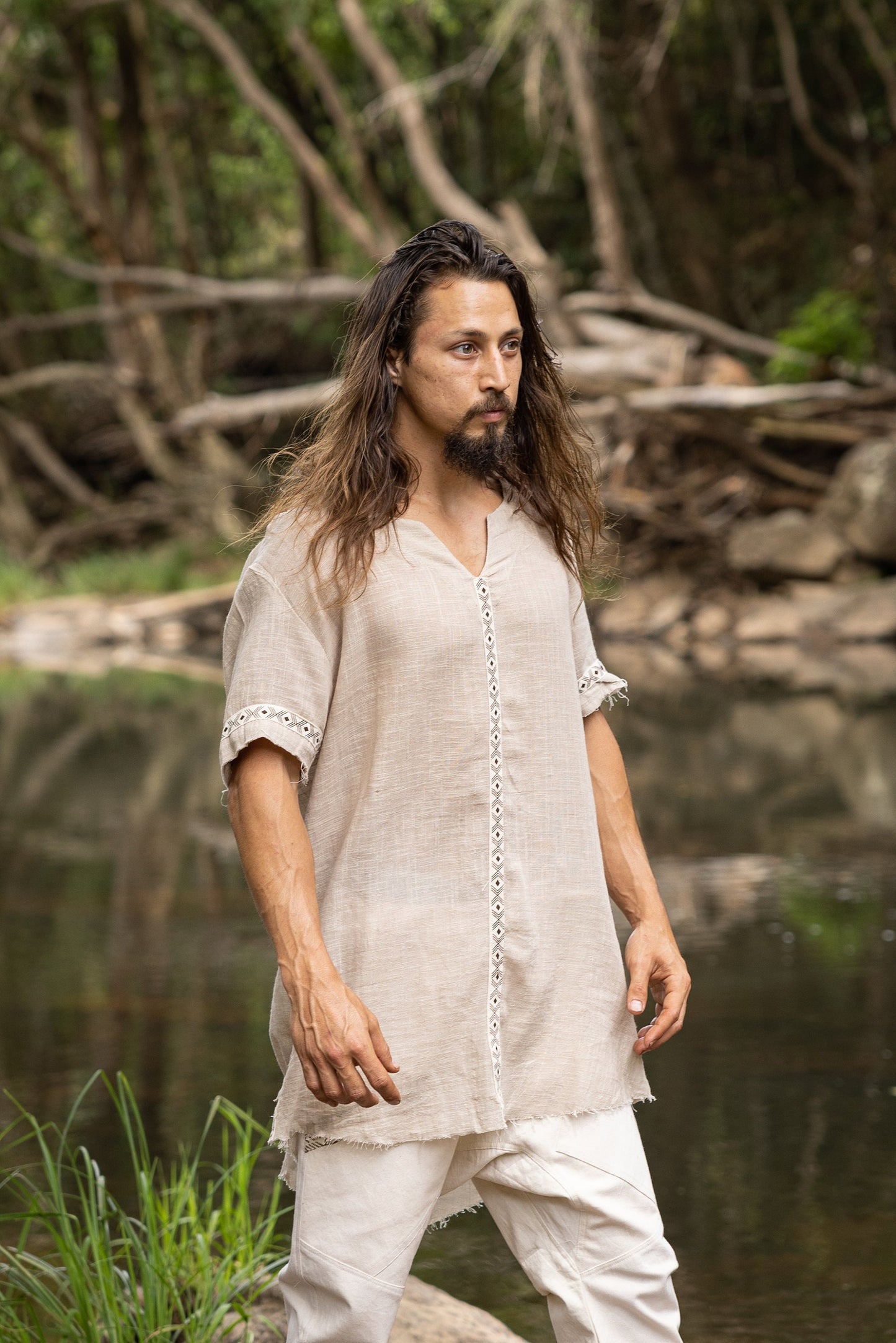 IKRAN Beige Mens Cotton T Shirt Top Stone Washed Naturally Dyed Tribal Pattern Open V Neck Breathable Festival Ceremony Ritual Shaman AJJAYA