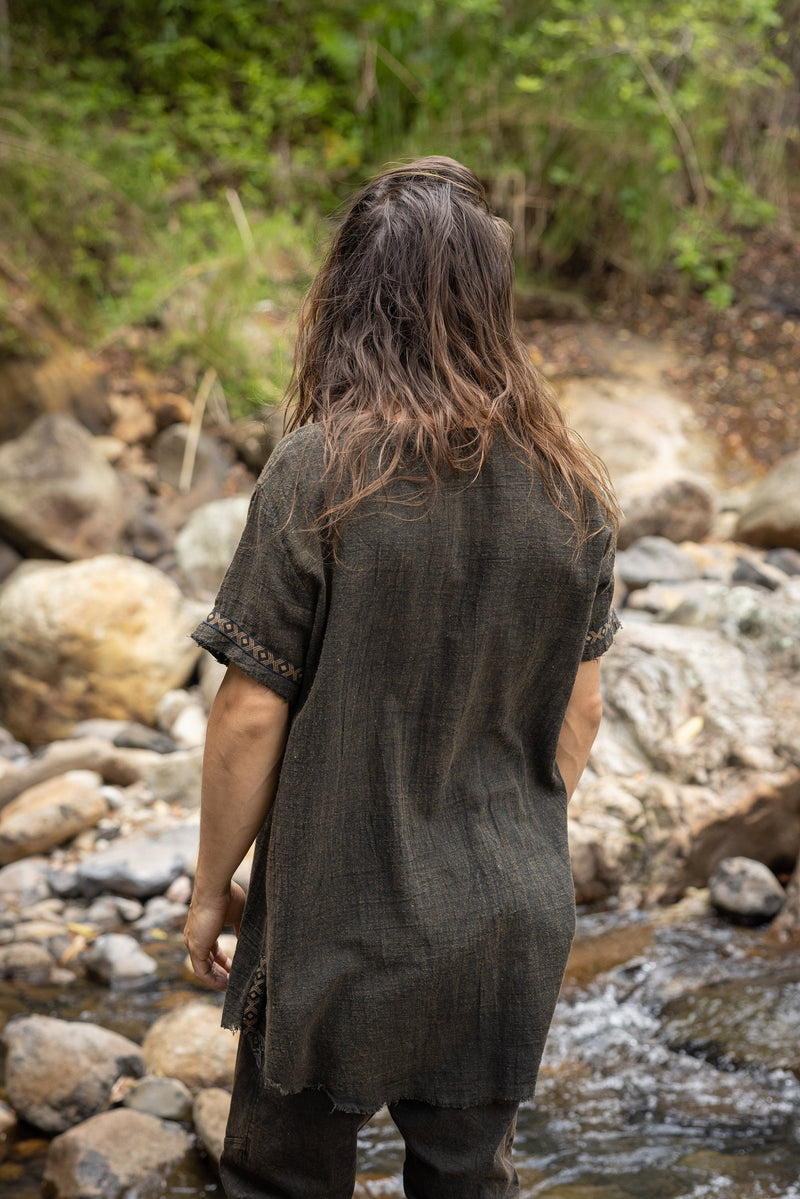 IKRAN Mens Black Cotton T Shirt Top Stone Washed Naturally Dyed Tribal Pattern Open V Neck Breathable Festival Ceremony Ritual Shaman AJJAYA