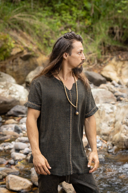 IKRAN Beige Mens Cotton T Shirt Top Stone Washed Naturally Dyed Tribal Pattern Open V Neck Breathable Festival Ceremony Ritual Shaman AJJAYA