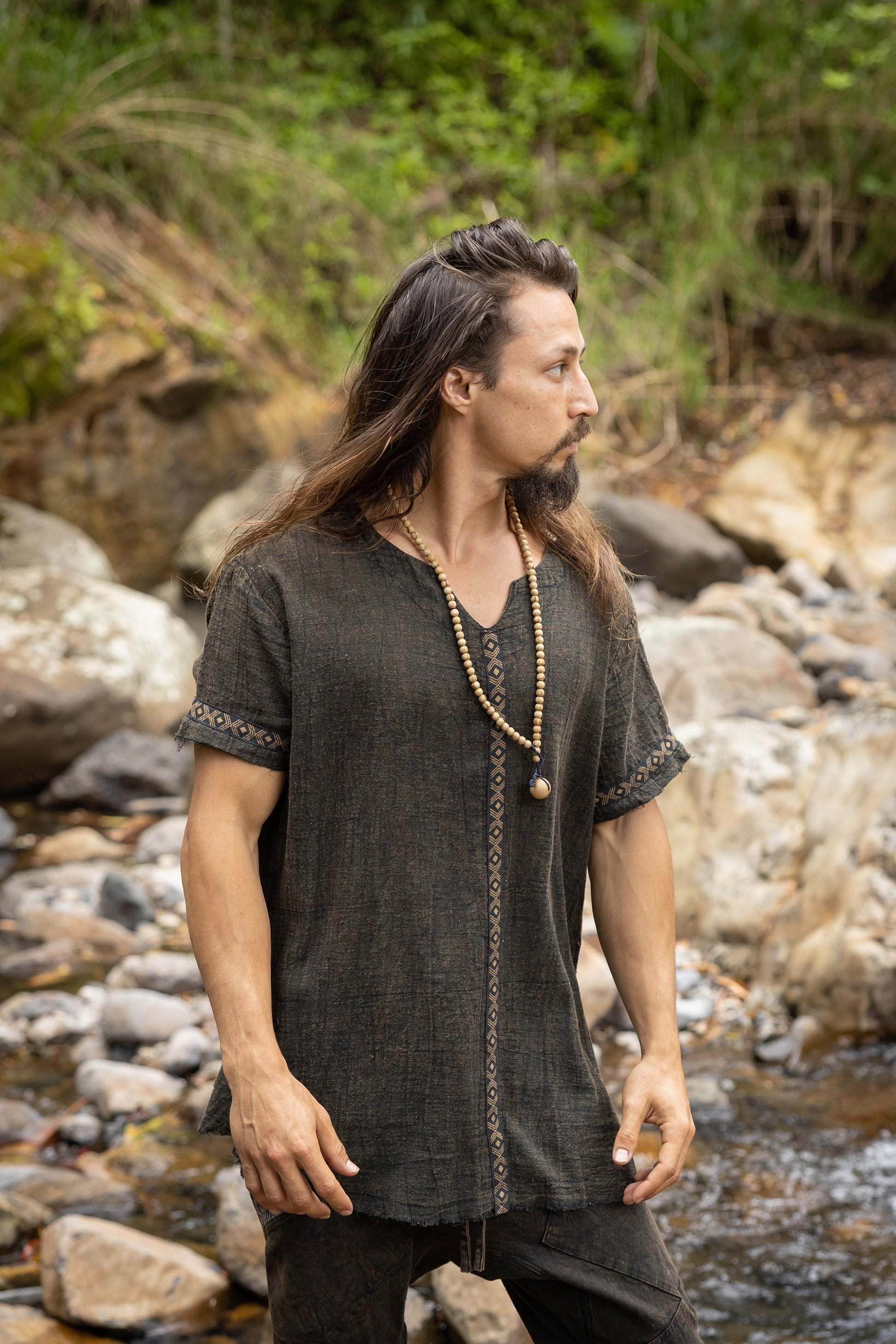 IKRAN Mens Black Cotton T Shirt Top Stone Washed Naturally Dyed Tribal Pattern Open V Neck Breathable Festival Ceremony Ritual Shaman AJJAYA