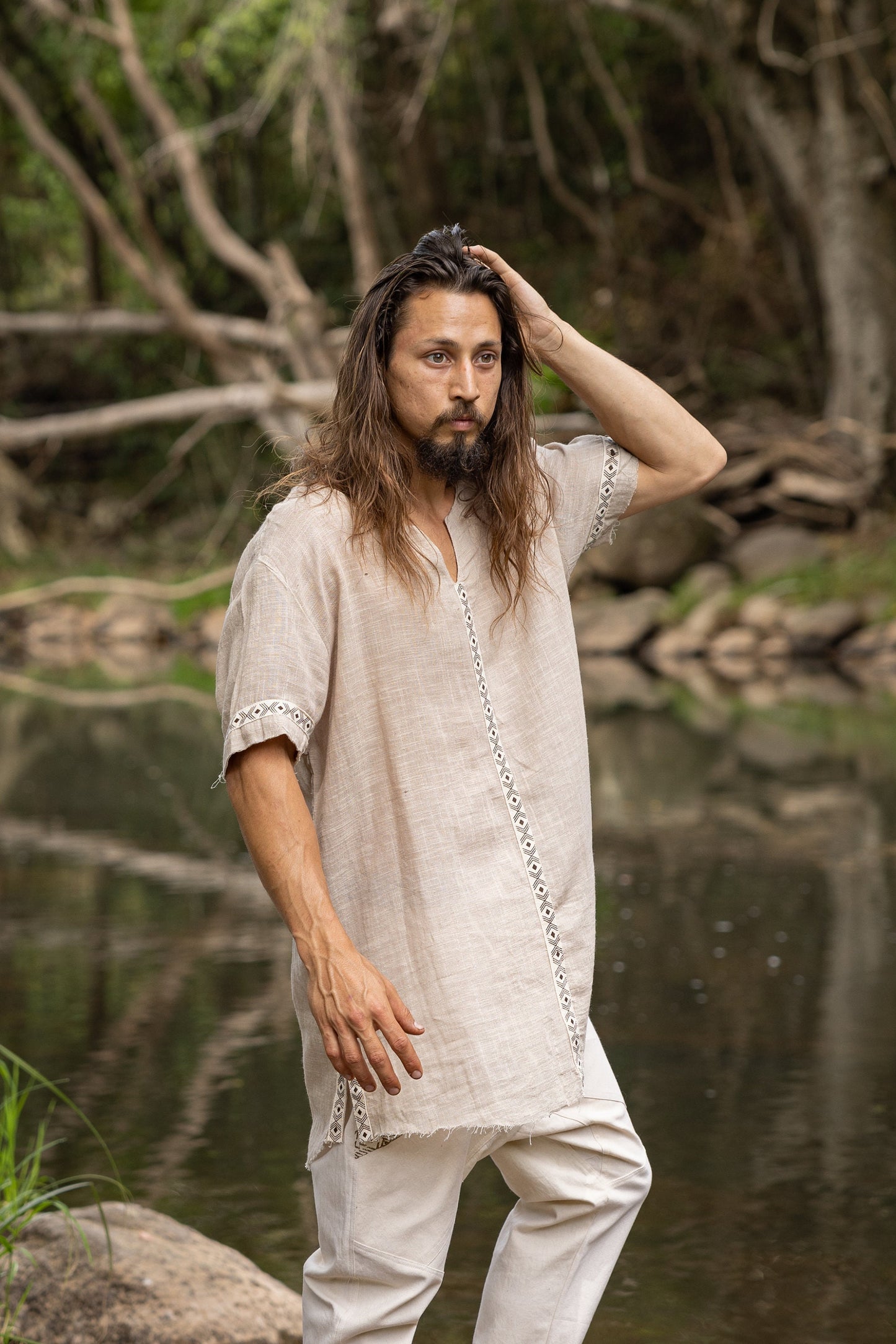 IKRAN Beige Mens Cotton T Shirt Top Stone Washed Naturally Dyed Tribal Pattern Open V Neck Breathable Festival Ceremony Ritual Shaman AJJAYA