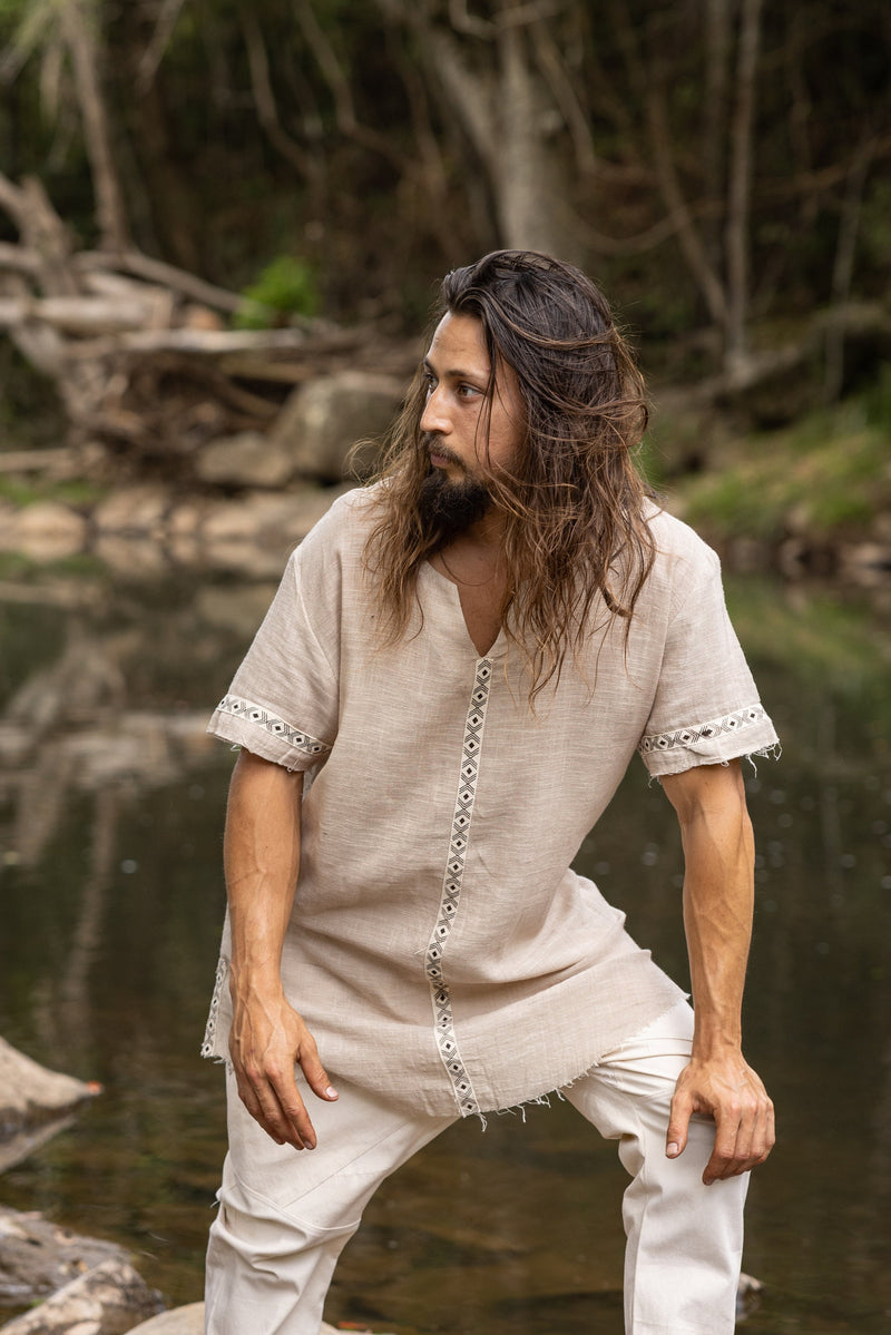 IKRAN Beige Mens Cotton T Shirt Top Stone Washed Naturally Dyed Tribal Pattern Open V Neck Breathable Festival Ceremony Ritual Shaman AJJAYA