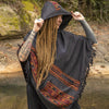 SAMADHI Womens Hooded Poncho Embroidered Grey with HoodHandmade Earthy Tribal Pattern Festival Gypsy AJJAYA