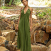 SELENA Robe longue Déesse Vert Sauge Maxi Dos Ouvert Festival de Coton Boho Teint Naturellement Bloc Imprimé Tribal Hippie Motifs Terreux AJJAYA