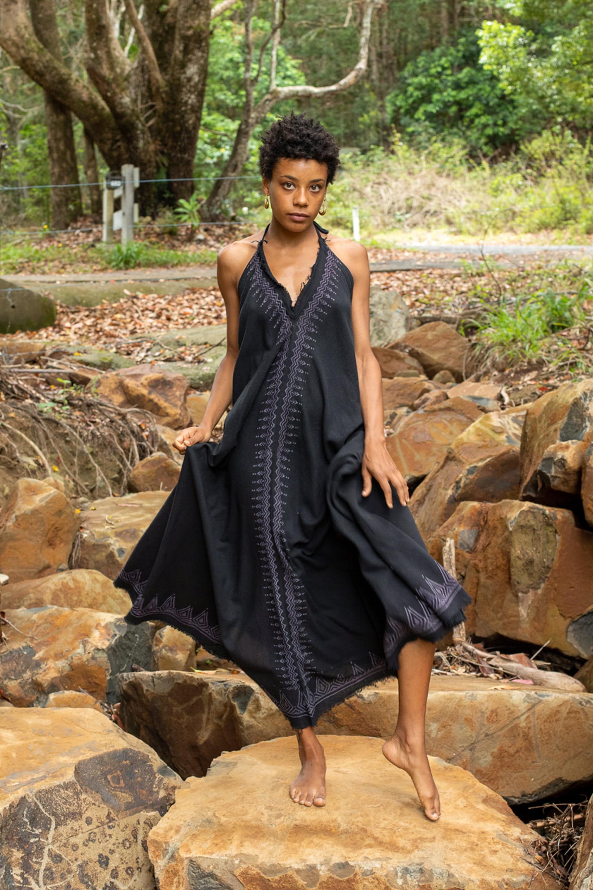 SELENA Long Dress Goddess Black Raven Maxi Open Back Cotton Festival Boho Naturally Dyed Block Printed Tribal Hippie Patterns Earthy AJJAYA SELENA Long Dress Goddess Black Raven Maxi Open Back Cotton Festival Boho Naturally Dyed Block Printed Tribal Hippie Patterns Earthy AJJAYA