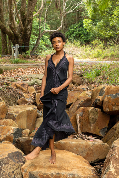 SELENA Long Dress Goddess Black Raven Maxi Open Back Cotton Festival B AJJAYA SELENA Long Dress Goddess Black Raven Maxi Open Back Cotton Festival B AJJAYA