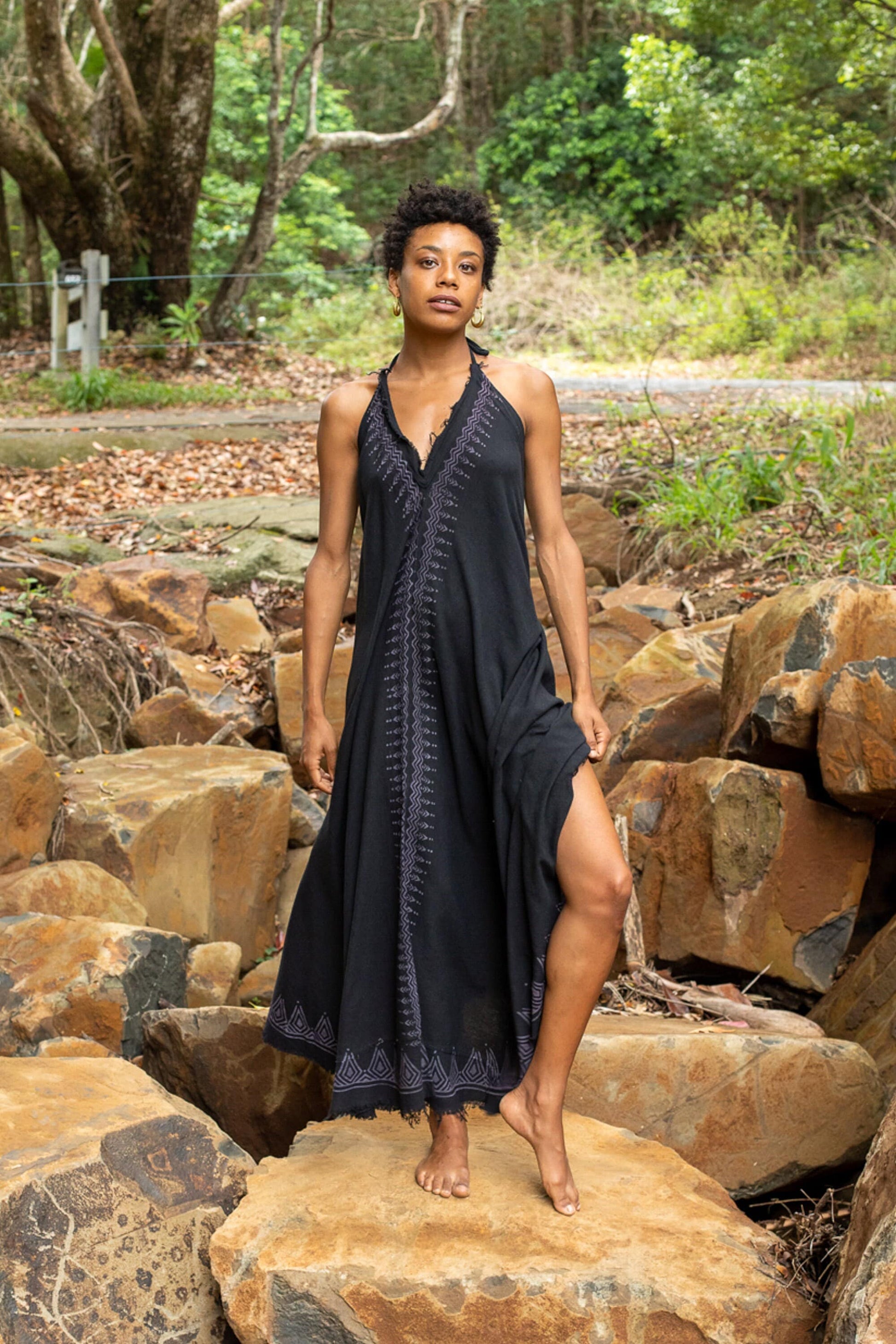 spring long dress SELENA Long Dress Goddess Black Raven Maxi Open Back Cotton Festival B – AJJAYA