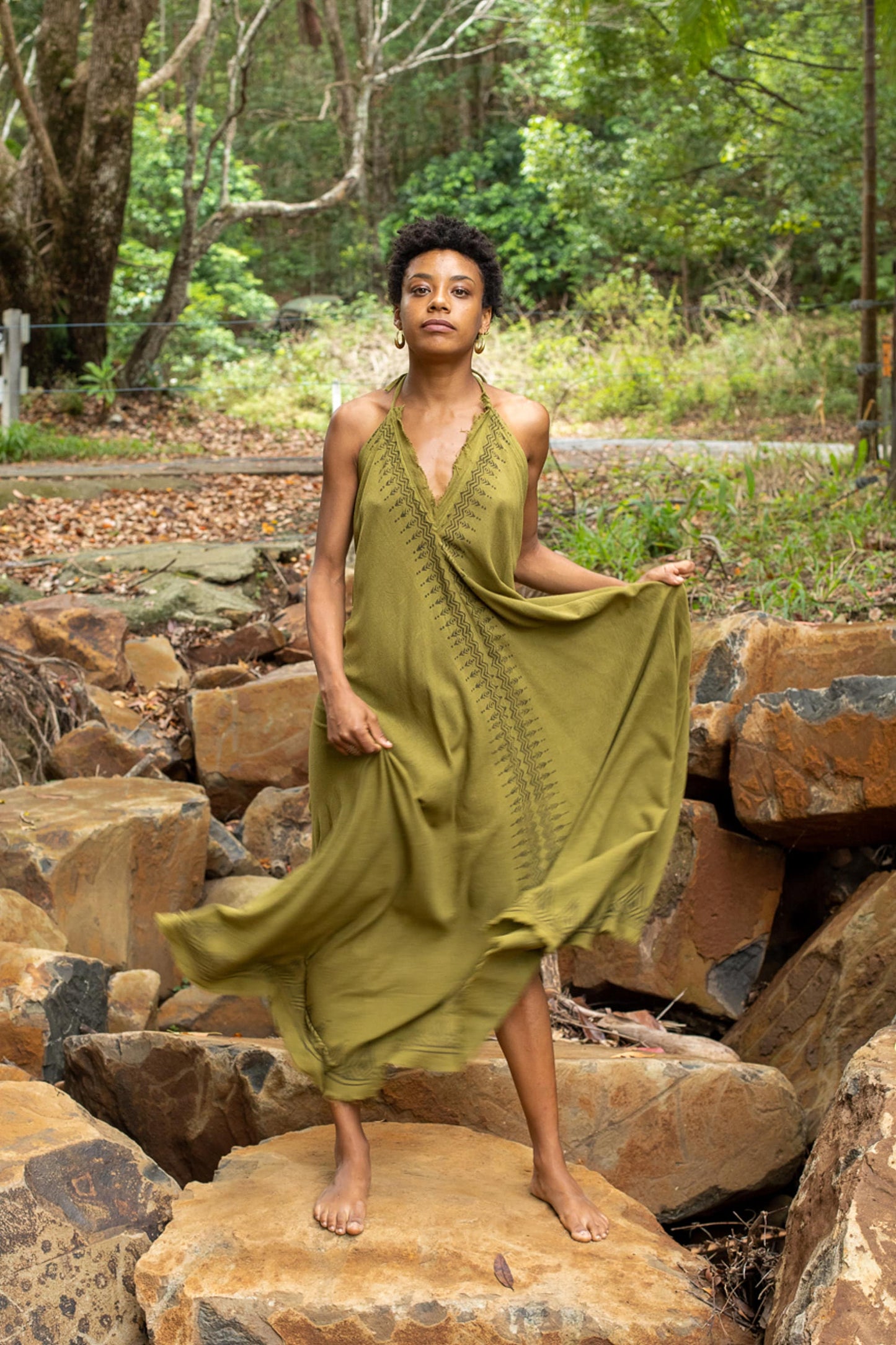 SELENA Long Dress Goddess Olive Green Maxi Open Back Cotton Festival Boho Naturally Dyed Block Printed Tribal Hippie Patterns Earthy AJJAYA