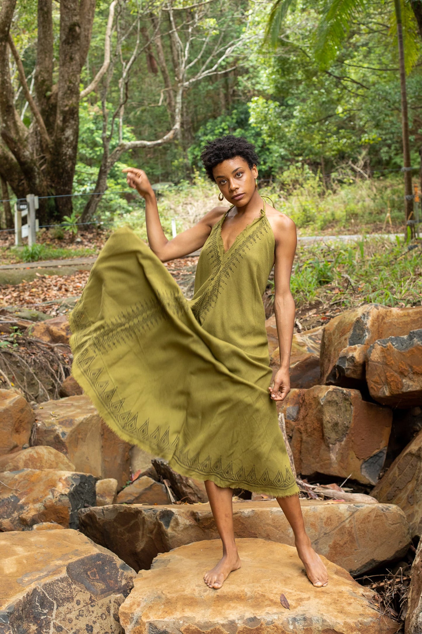 SELENA Long Dress Goddess Olive Green Maxi Open Back Cotton Festival Boho Naturally Dyed Block Printed Tribal Hippie Patterns Earthy AJJAYA