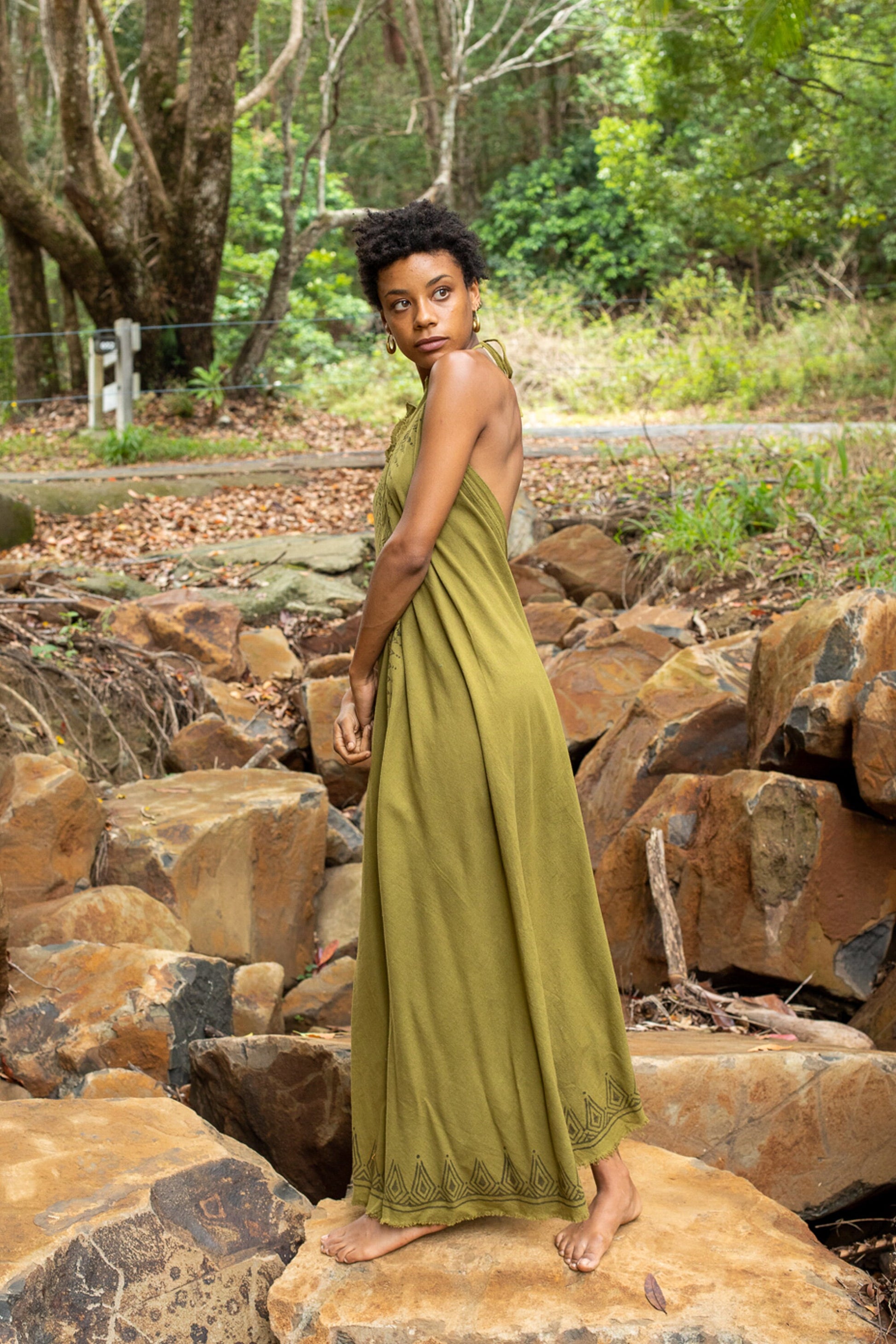 SELENA Long Dress Goddess Olive Green Maxi Open Back Cotton SELENA Long Dress Goddess Olive Green Maxi Open Back Cotton