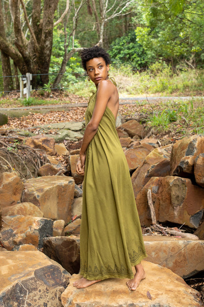 SELENA Long Dress Goddess Olive Green Maxi Open Back Cotton SELENA Long Dress Goddess Olive Green Maxi Open Back Cotton