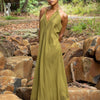 SELENA Long Dress Goddess Olive Green Maxi Open Back Cotton Festival Boho Naturally Dyed Block Printed Tribal Hippie Patterns Earthy AJJAYA