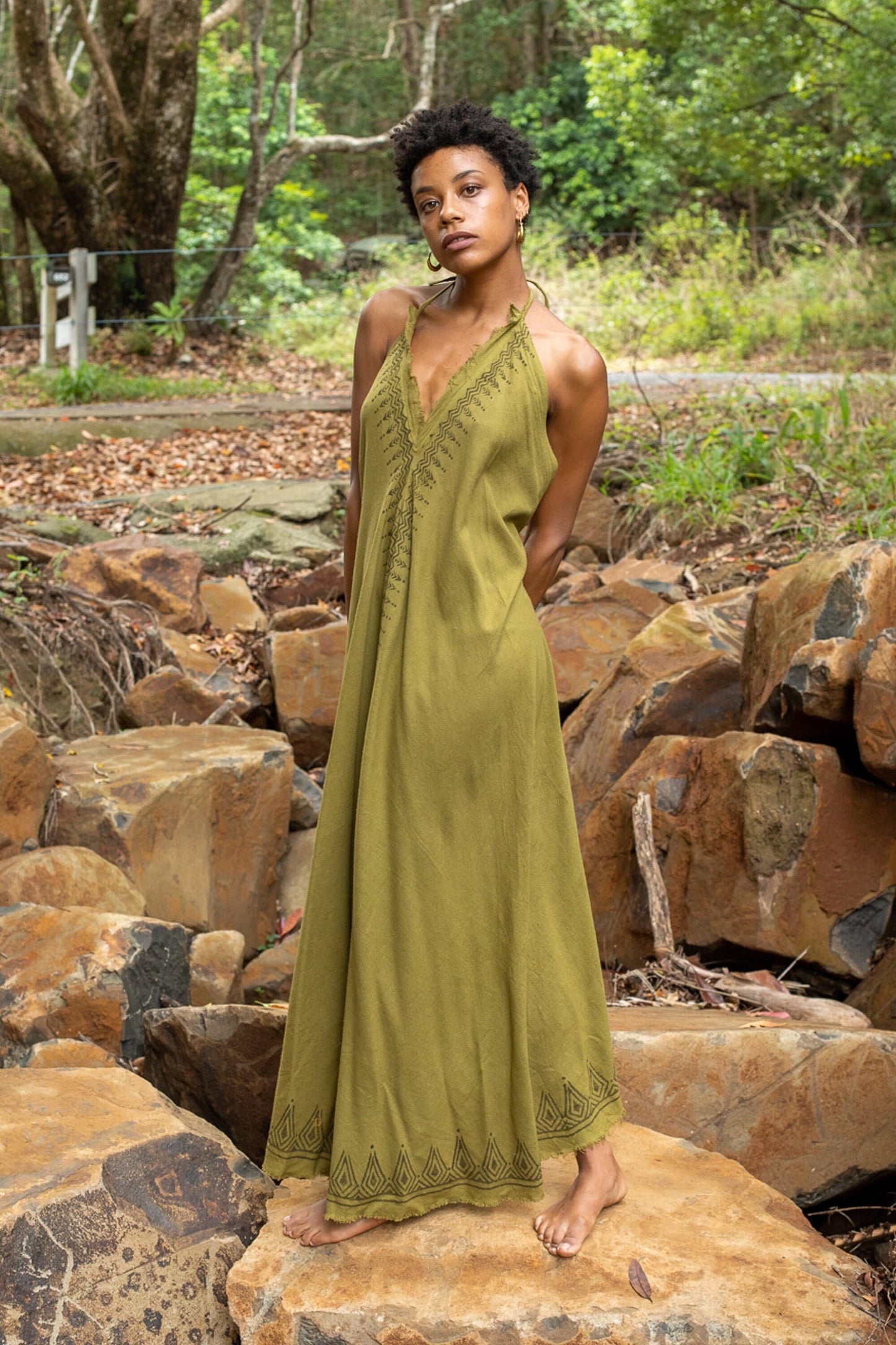 SELENA Long Dress Sage Green Maxi Open Back Boho Festival Naturally Dyed Block Printed Tribal Hippie Patterns AJJAYA