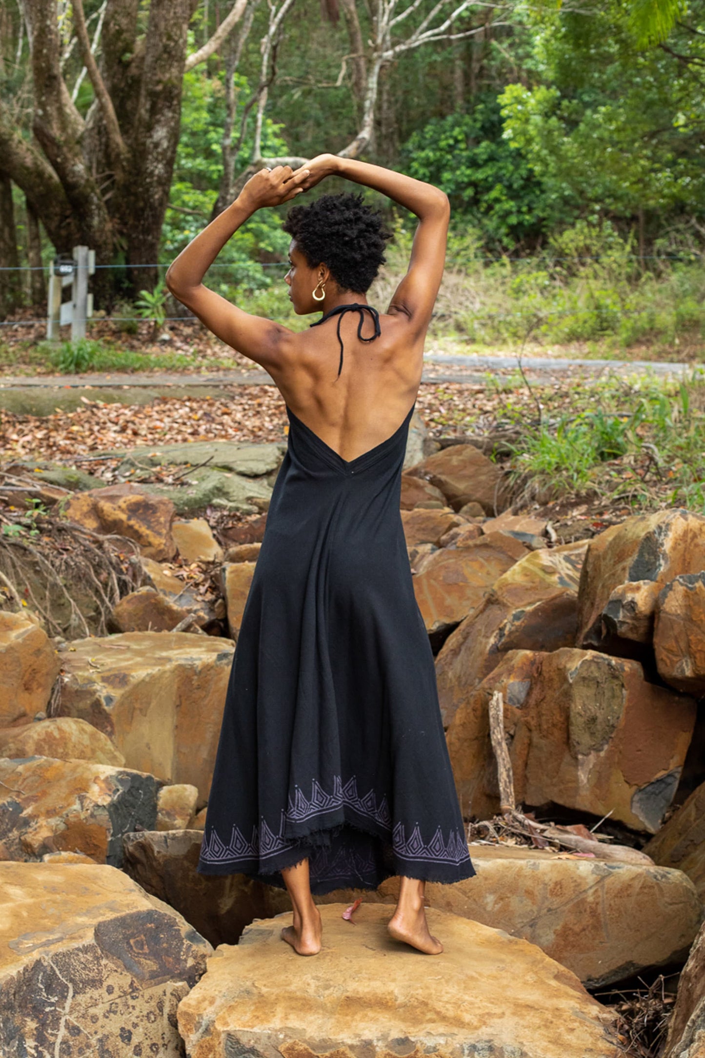 SELENA Long Dress Goddess Black Raven Maxi Open Back Cotton Festival Boho Naturally Dyed Block Printed Tribal Hippie Patterns Earthy AJJAYA