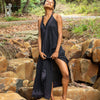 SELENA Long Dress Goddess Black Raven Maxi Open Back Cotton Festival Boho Naturally Dyed Block Printed Tribal Hippie Patterns Earthy AJJAYA