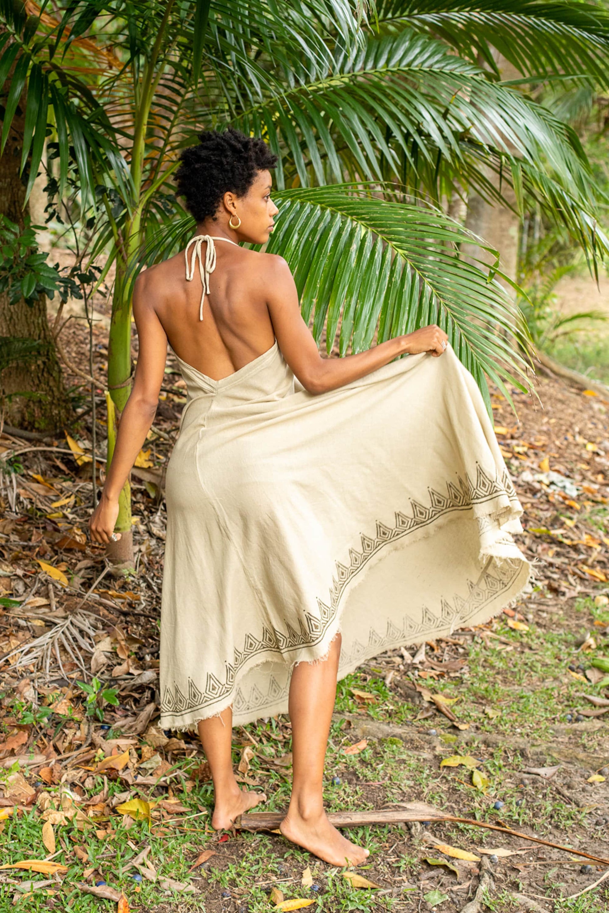 SELENA Long Dress Goddess Beige Maxi Open Back Cotton Festival Boho Naturally Dyed Block Printed Tribal Hippie Patterns Earthy AJJAYA