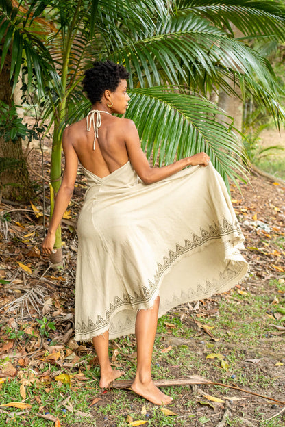 SELENA Long Dress Goddess Beige Maxi Open Back Cotton Festival Boho Naturally Dyed Block Printed Tribal Hippie Patterns Earthy AJJAYA