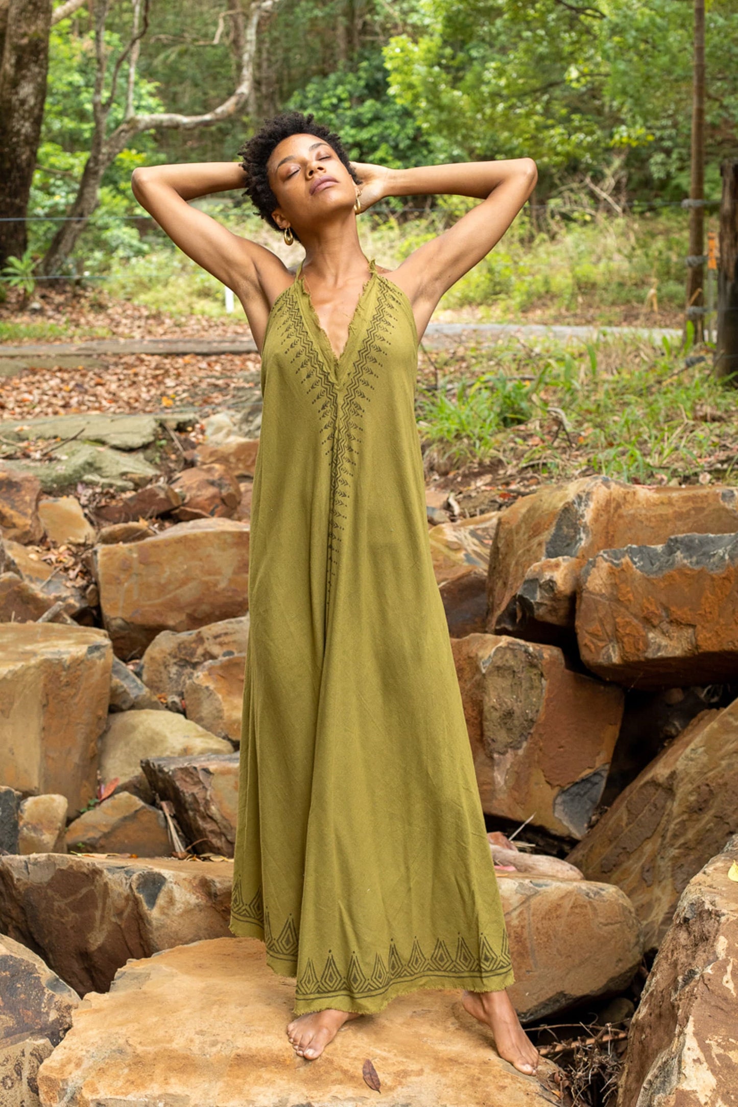 SELENA Long Dress Goddess Olive Green Maxi Open Back Cotton Festival Boho Naturally Dyed Block Printed Tribal Hippie Patterns Earthy AJJAYA