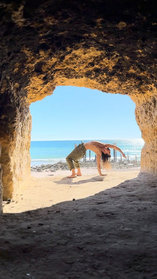 @immerse.inearth is wearing Mens Cotton Pants Olive Green Drop Low Crotch Harem Alibaba Yoga Comfortable One Size Loose Fit Festival Boho Hippie Natural Earthy AJJAYA