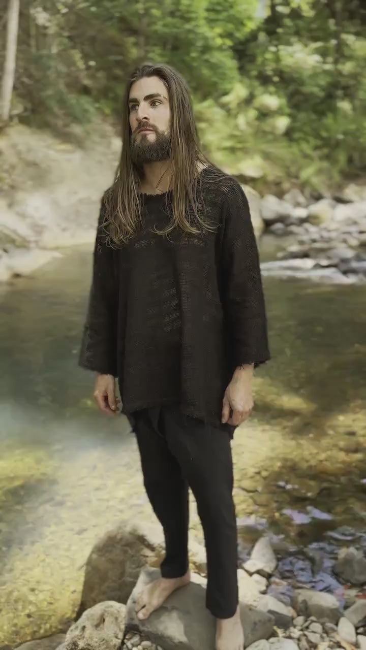 KUNTU Schwarzes Netztop aus Baumwolle, halbdurchsichtiges Hemd, asymmetrisch, robust, dystopisch, apokalyptisch, Festival, Tribal, Cyberpunk, Steampunk, AJJAYA
